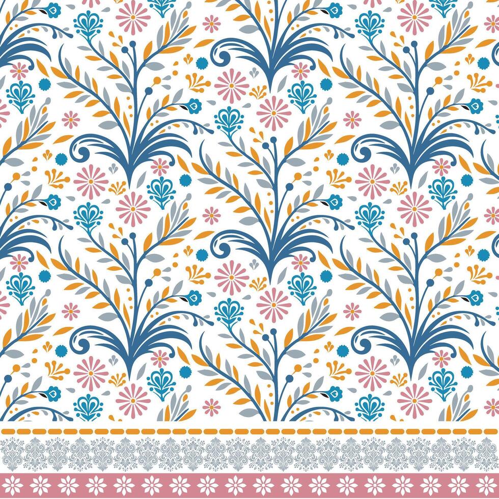 seamless floral border artwork with decorative elements for textile and wrapping papers vector