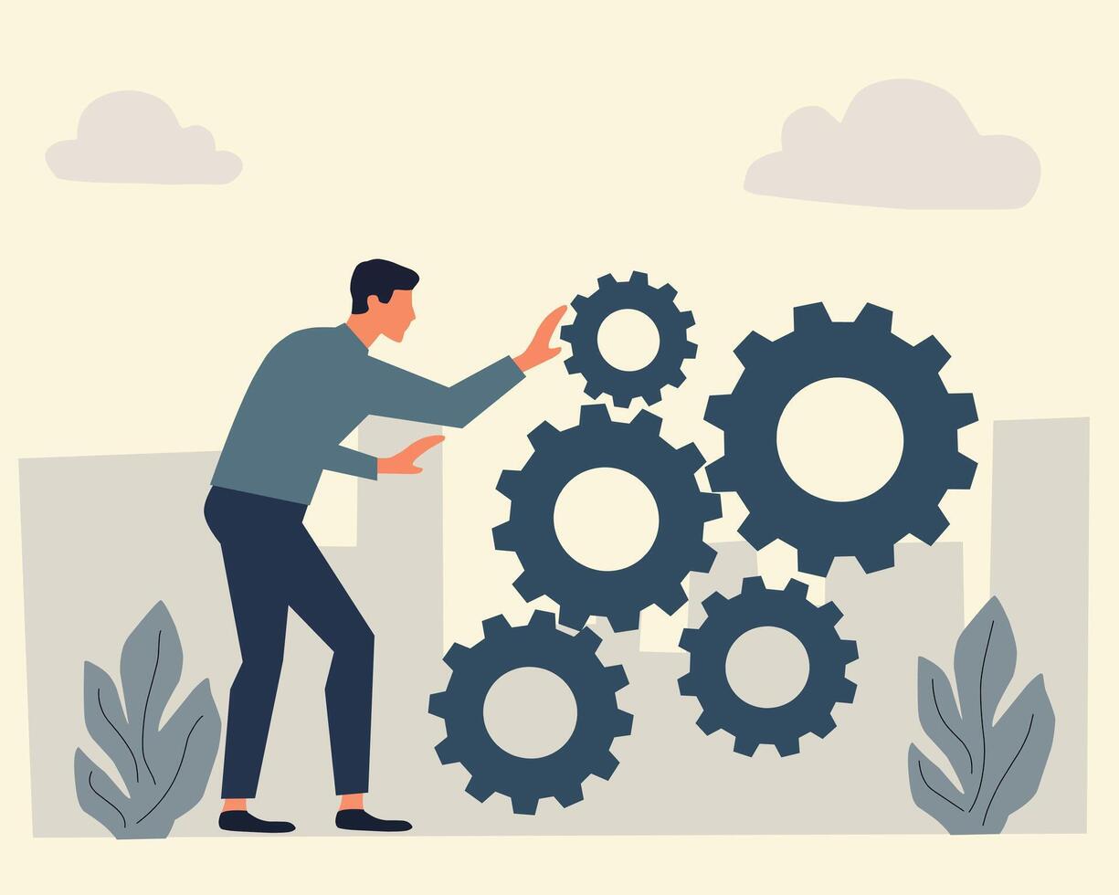 Flat illustration of a man adjusting interconnected gears, symbolizing teamwork, problem-solving, and efficiency. Ideal for business, engineering, and collaboration concepts vector