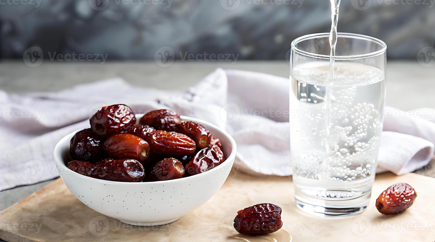 Dates and water on a cutting board photo