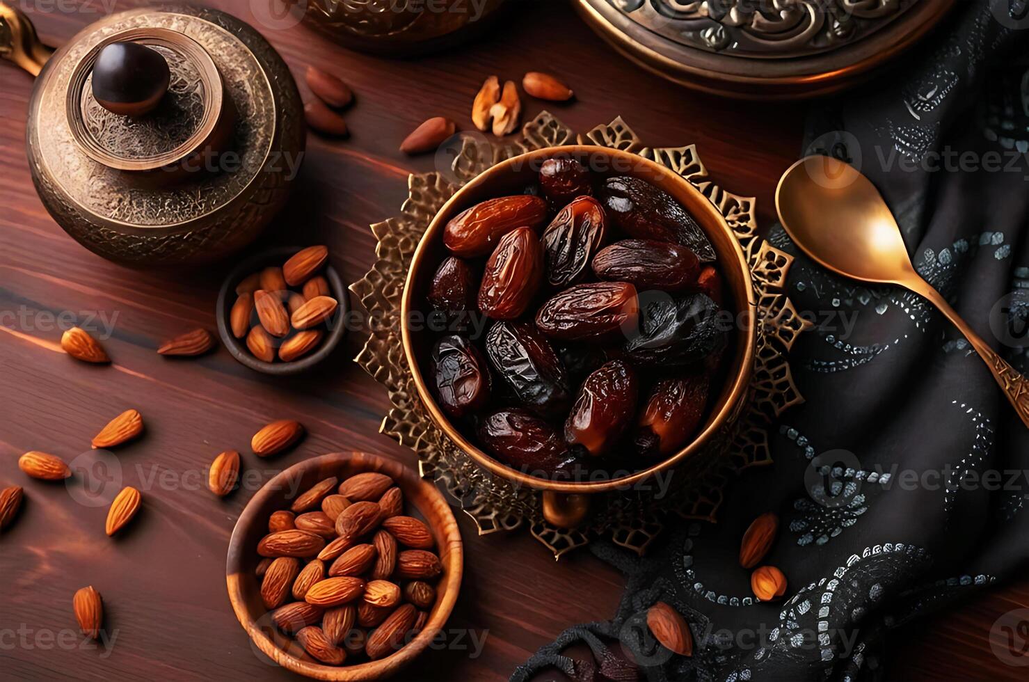 Dates and nuts on a wooden table photo
