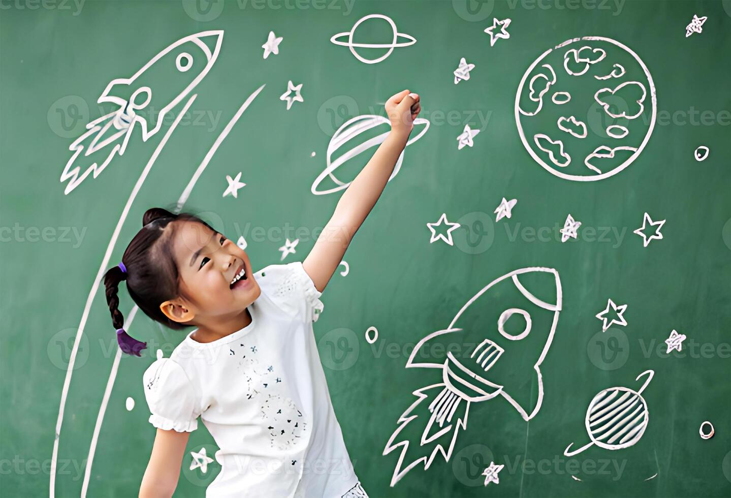 A young girl is pointing at a chalkboard with space and rocket drawings photo