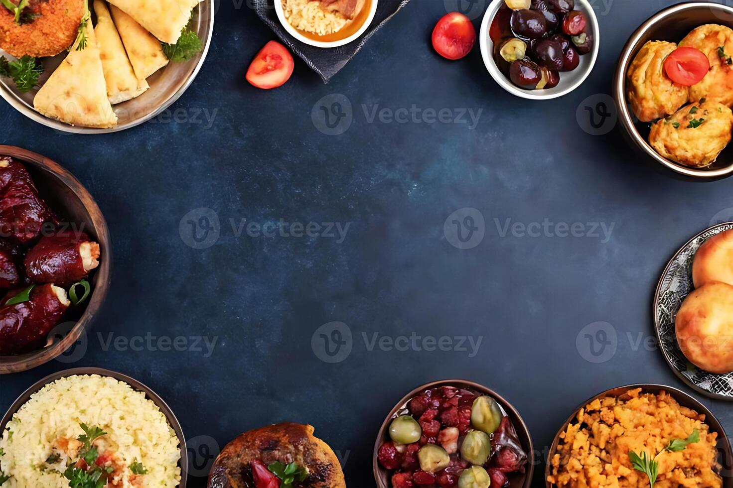Various types of food are arranged in bowls photo