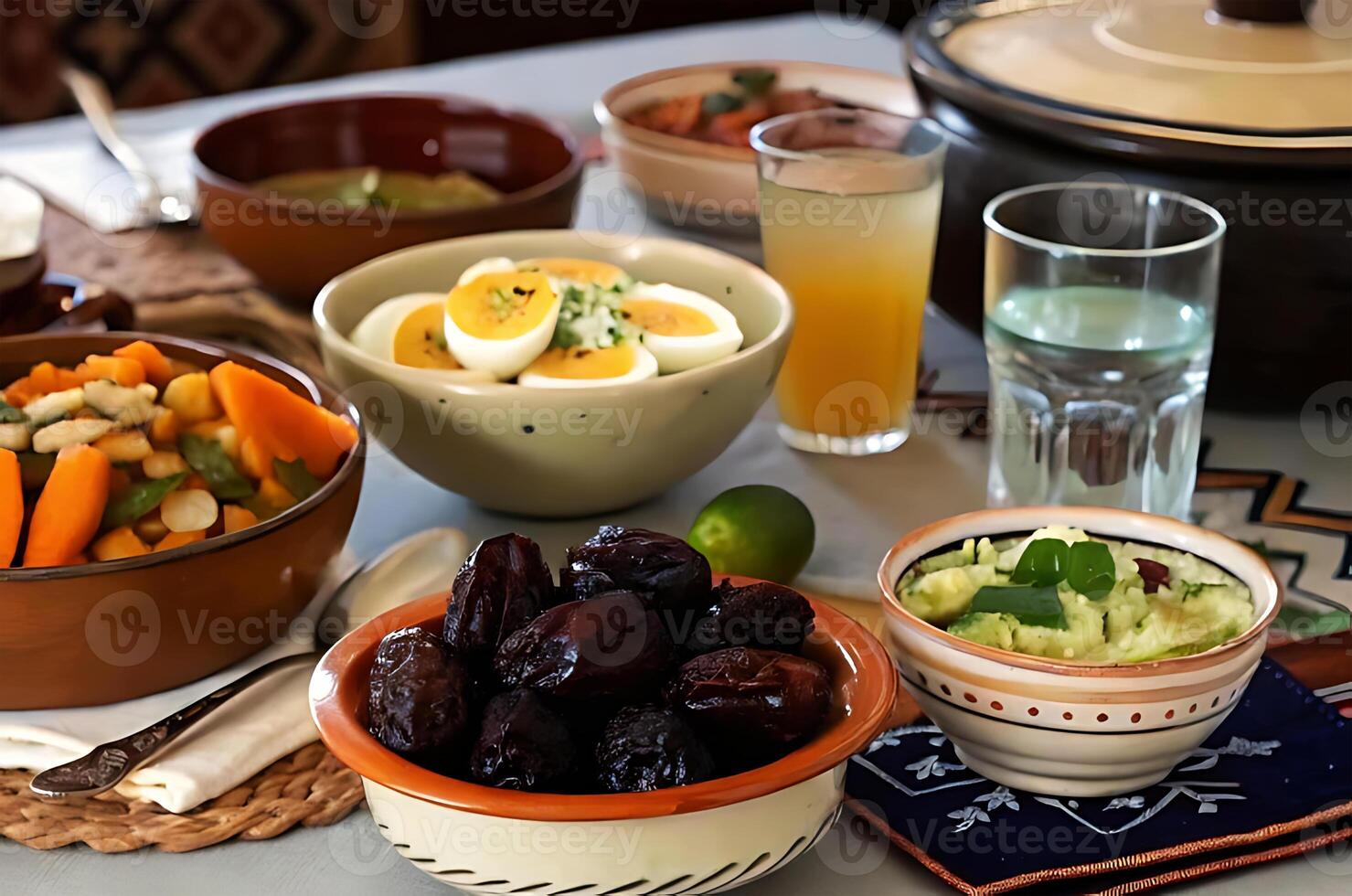 A table with bowls of food and drinks photo
