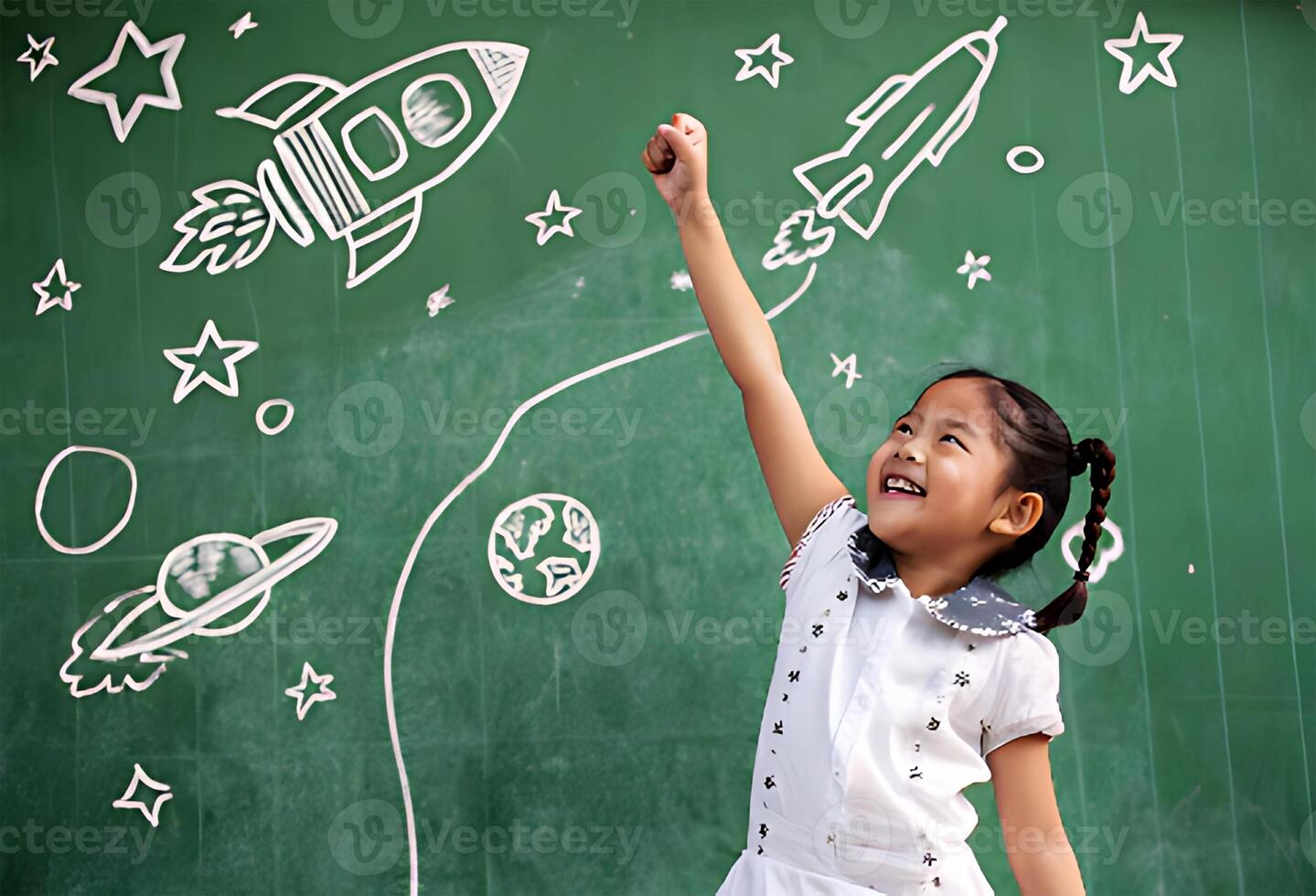 A young girl reaching up to a chalkboard with space and rocket drawings photo
