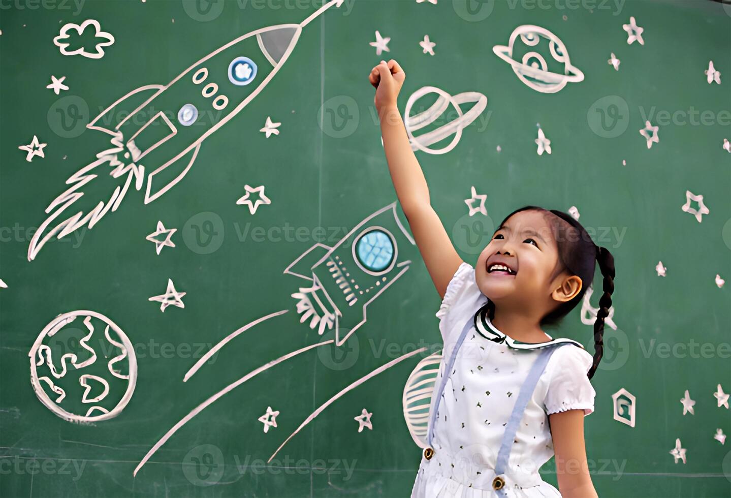 A young girl is reaching up to a chalkboard with space themed drawings photo