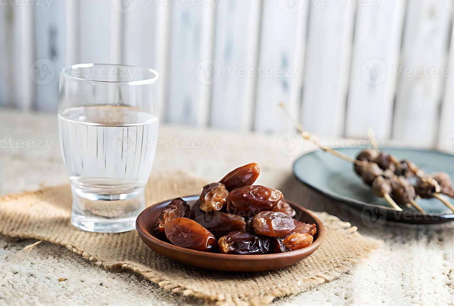 Dates and water on a wooden table photo