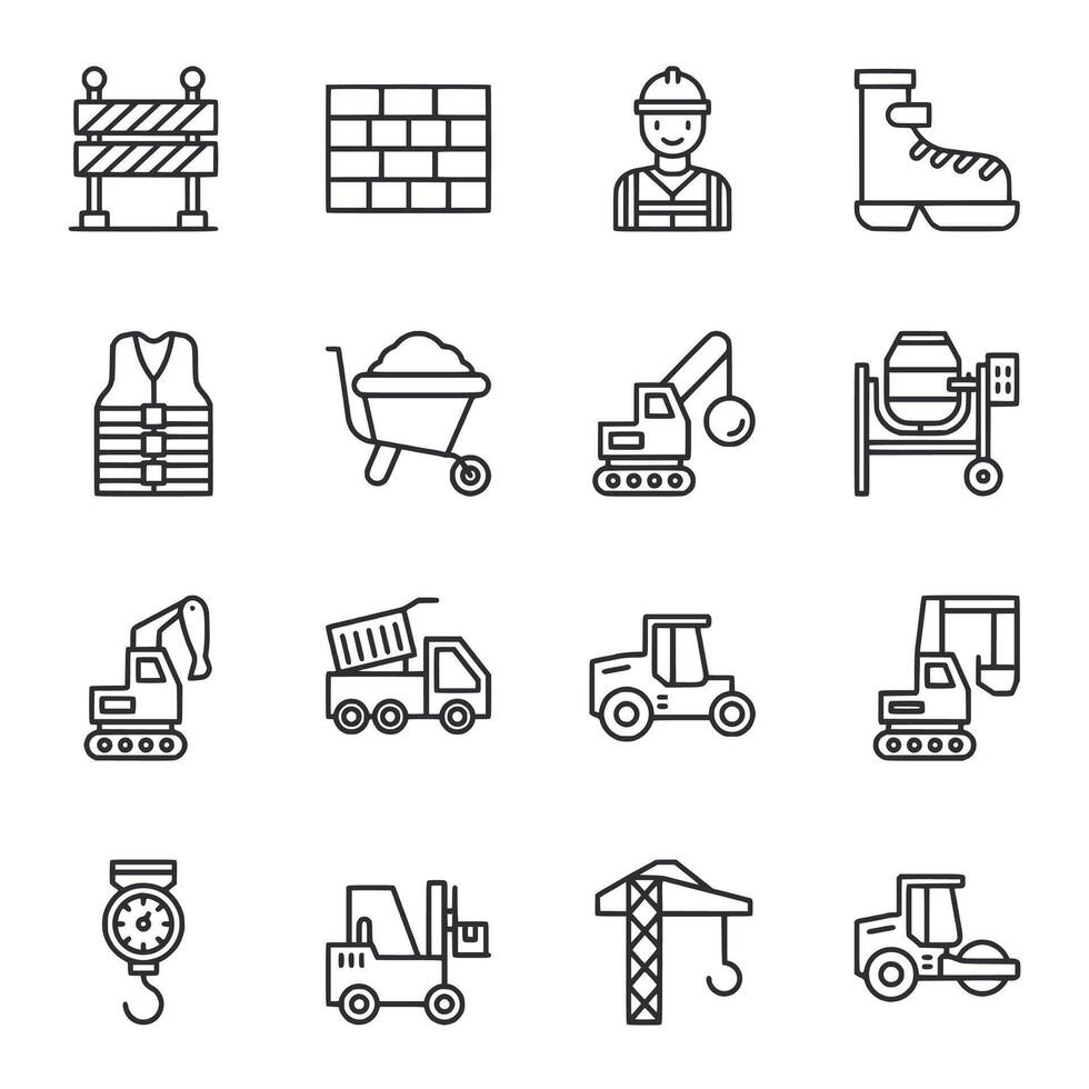 A set of construction-related icons, including a man in a hard hat, a truck vector