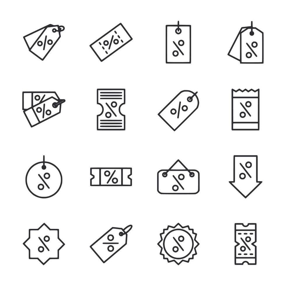 A set of black and white icons for sale items with a price tag and a percentage vector