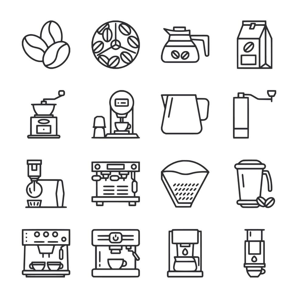 A series of coffee related icons including a coffee grinder, coffee maker vector