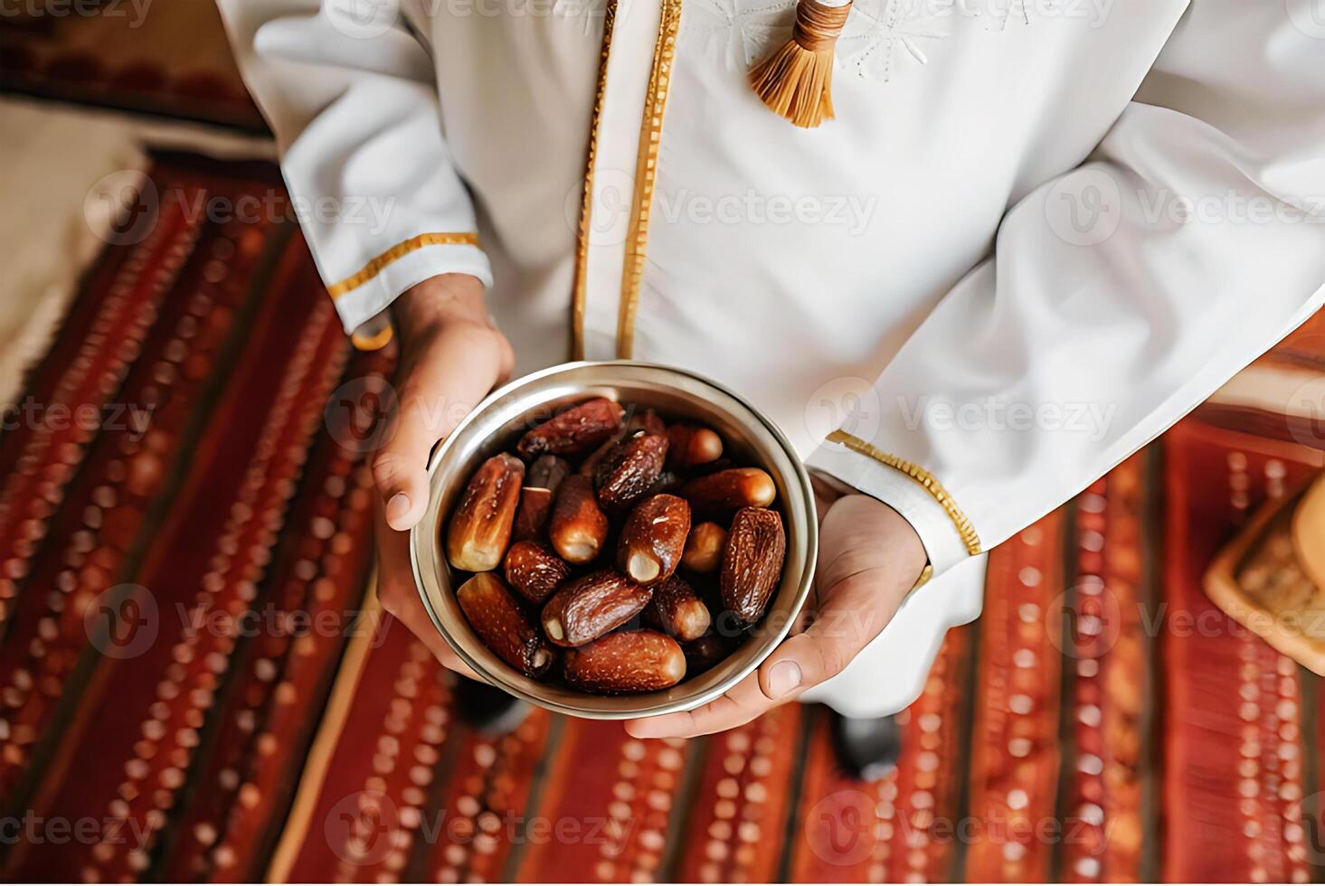 A man in a traditional outfit holds a bowl of dates photo