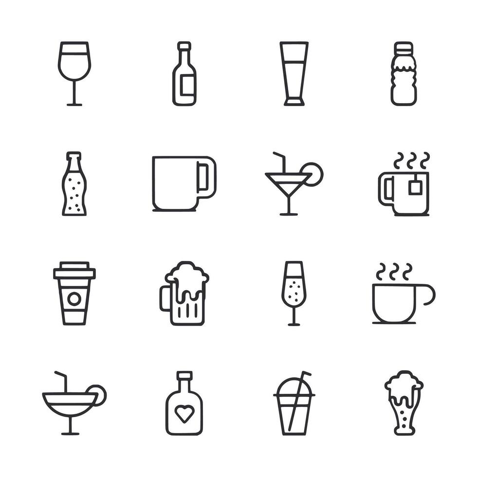 A set of black and white icons for drinks and food vector