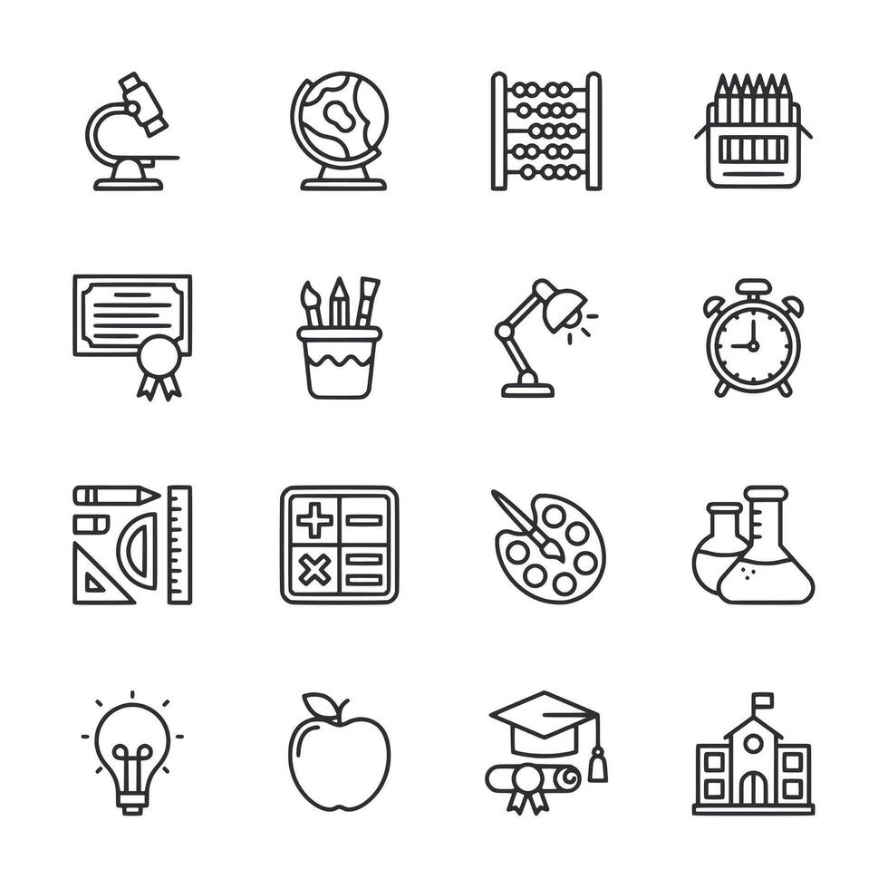 A set of school-related icons including a clock, a pencil, a ruler, a book vector