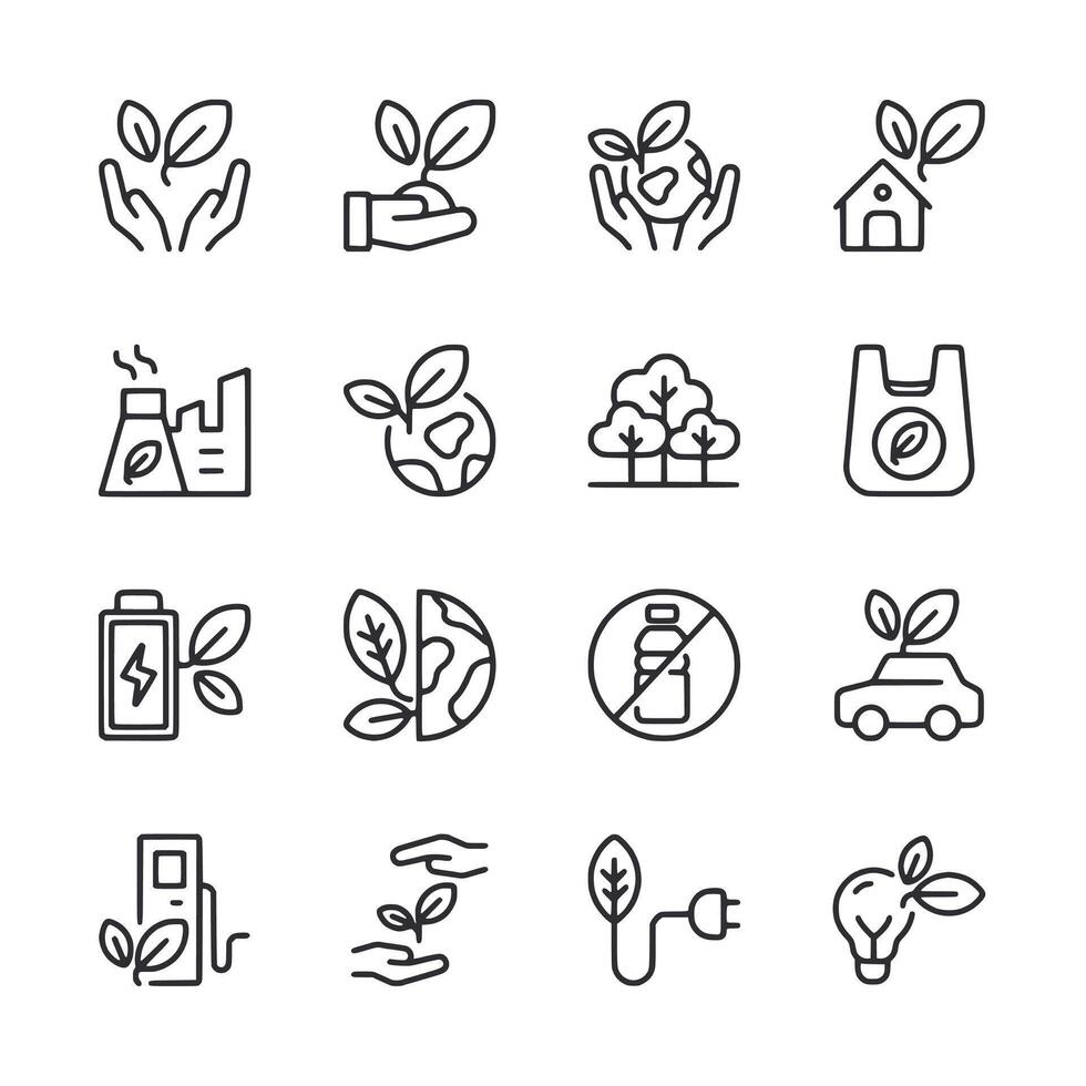 A set of icons for the environment, including a tree, a battery, a car vector
