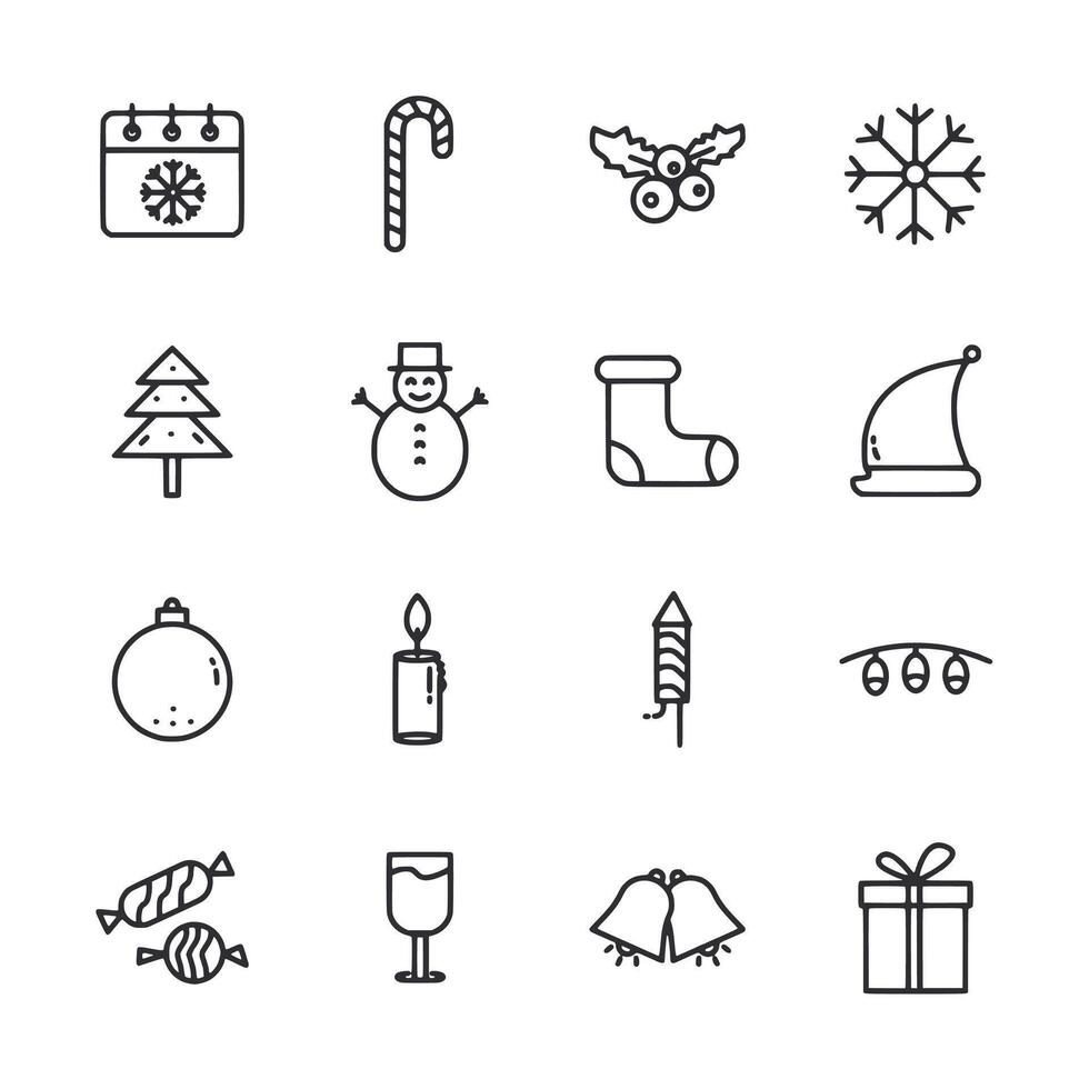 A set of Christmas icons including a snowman, a tree, a candle, a bell vector