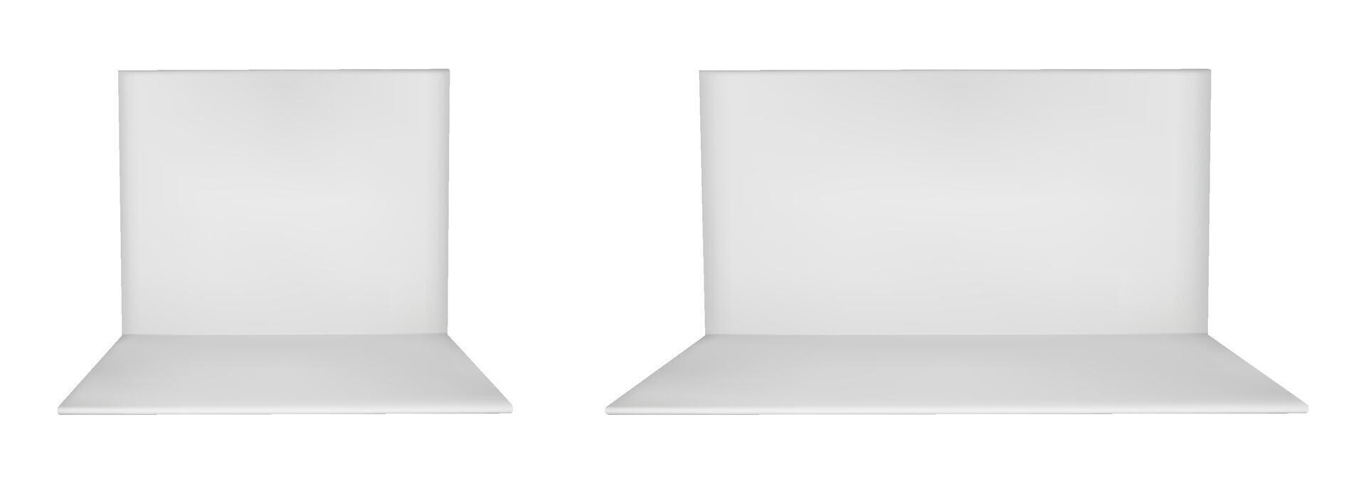 3d booth stand with white wall. Empty cube box interior for trade or fair show. Exhibit template with product display space. Small kiosk with panel inside. Store section view isolated area vector