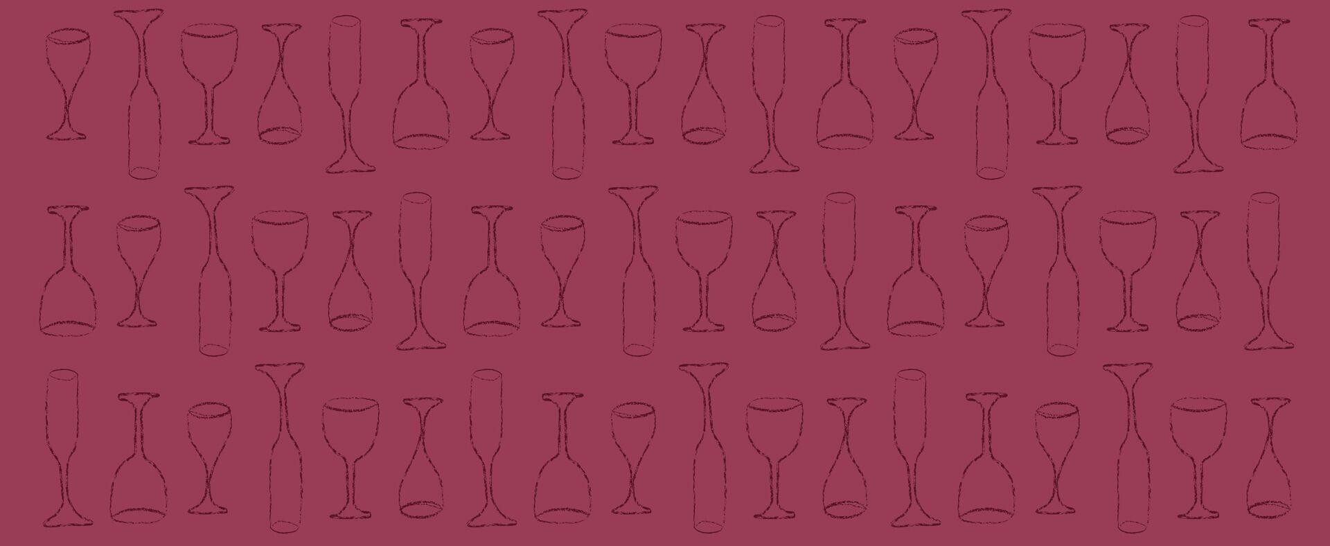 Crayon drawing of wine glass pattern. Vintage doodle red mediterranean dinner aesthetic with cocktail. Chalk scribble outline art with simple sketch painting. Creative presentation for local shop. vector