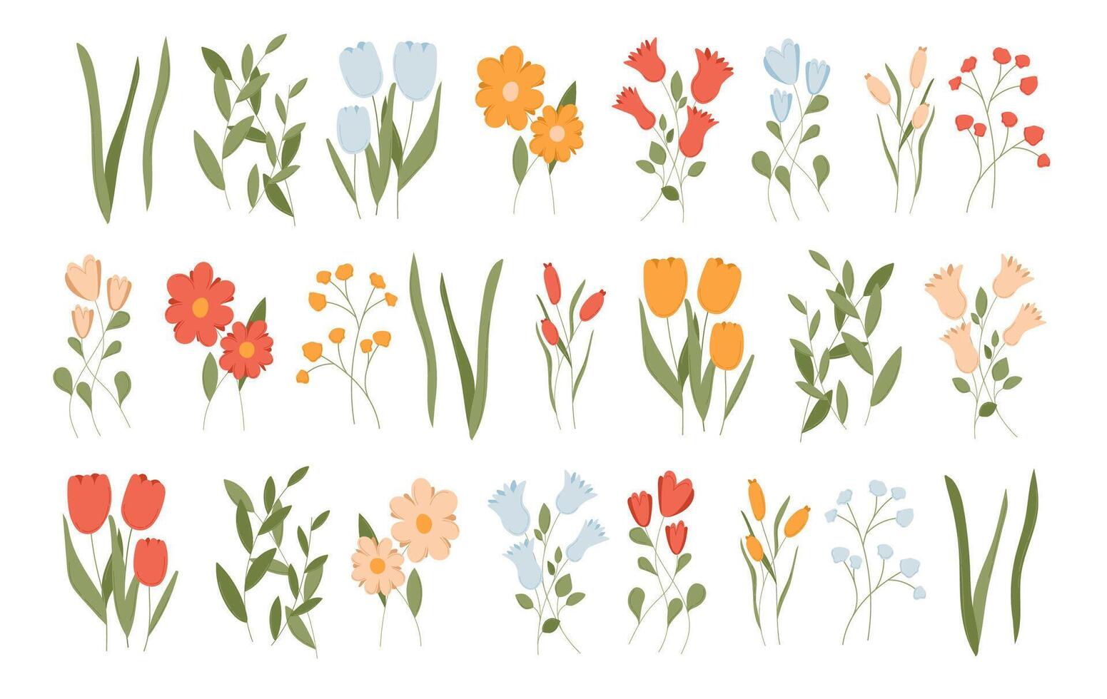 Cute spring flower set. Abstract floral icon with leaf element. Doodle summer garden graphic collection. Easter bouquet drawing for scandinavian design. Wildflower and tulip blossom decoration vector