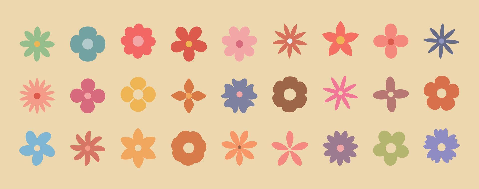 Groovy simple flowers set. A stylish collection of minimalist floral illustrations in soft pastel tones. Ideal for creating seamless patterns, invitations, or social media graphics vector