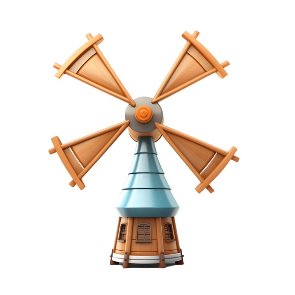 Cartoon windmill animation countryside 3d render bright environment eye-level view whimsical design for seo impact png
