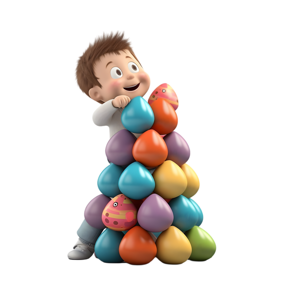 Playful young boy stacking colorful easter eggs outdoor setting cartoon animation cheerful environment low angle view joyful concept png