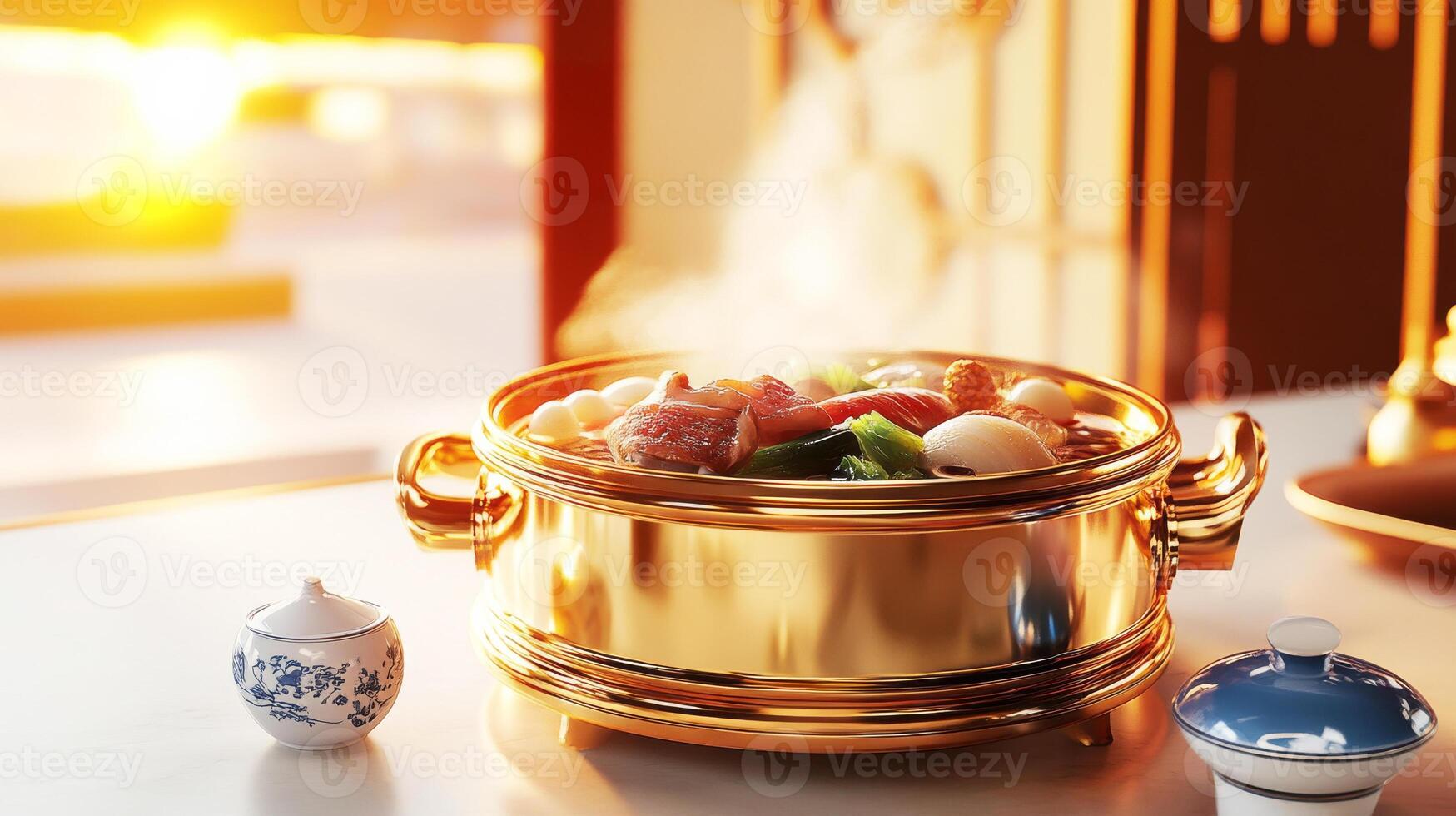 A golden pot with food on a table photo