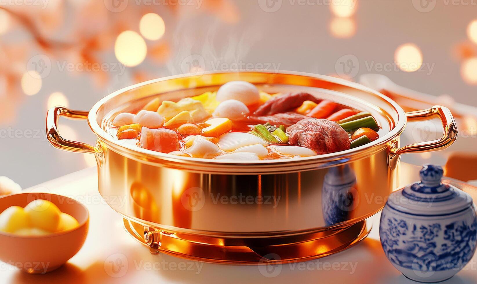 A copper pot filled with food on a table photo