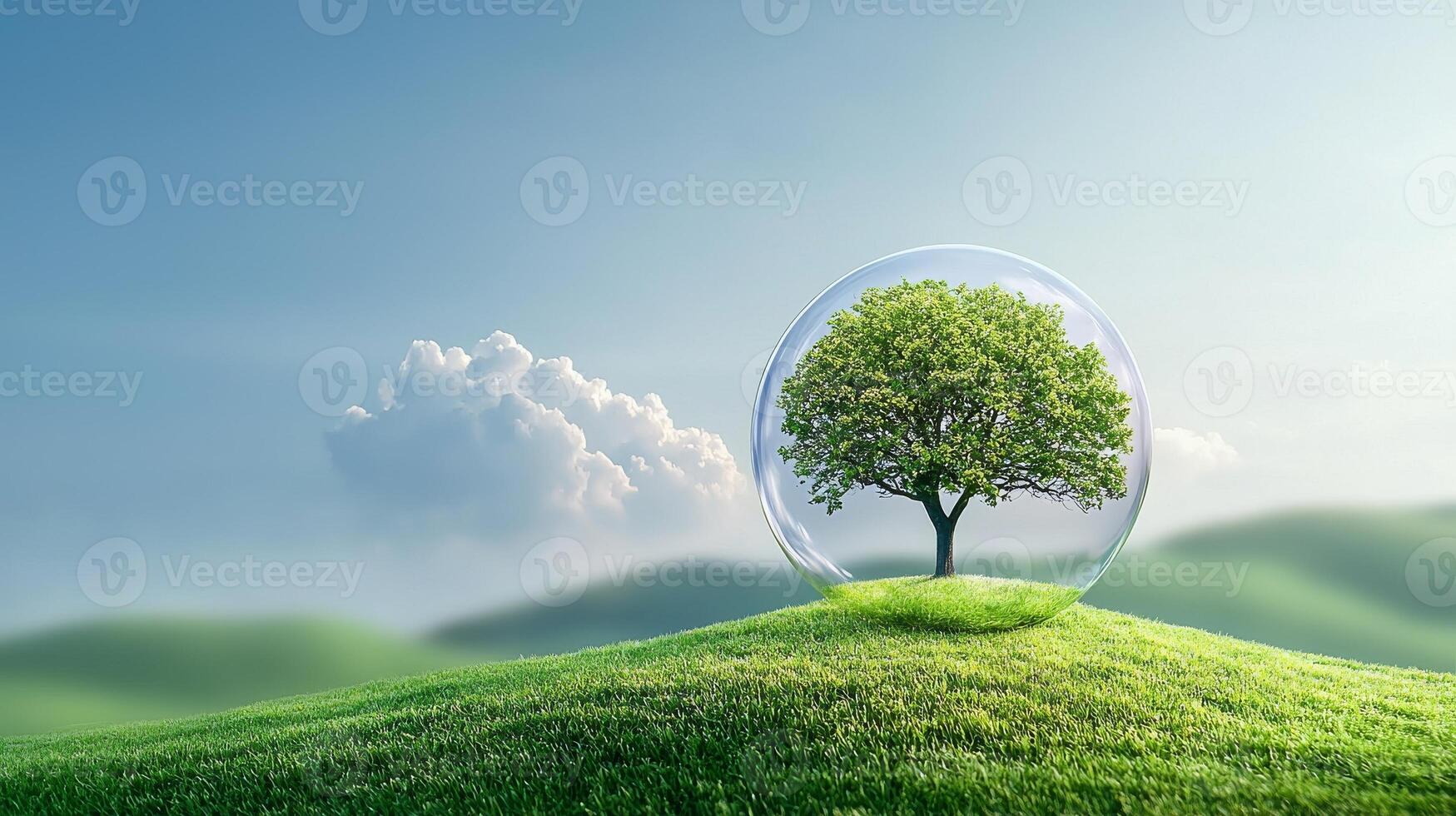 A tree is inside a glass sphere on a grassy hill photo