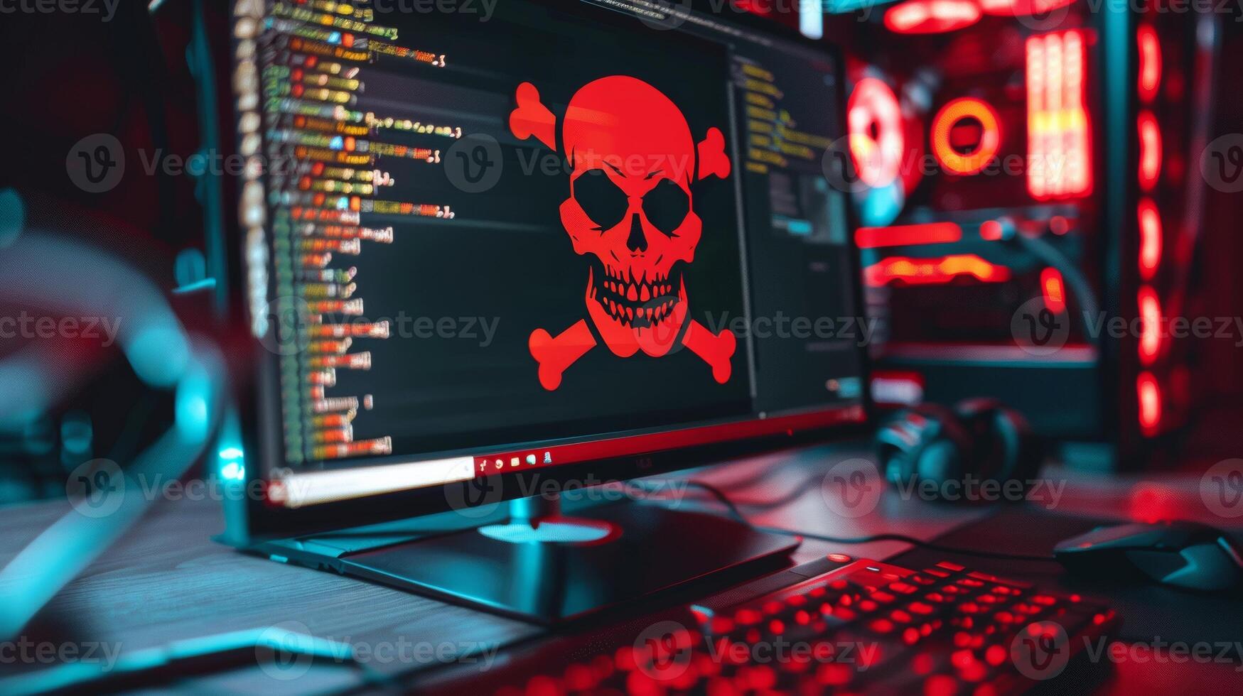 A computer screen with a skull and crossbones on it photo