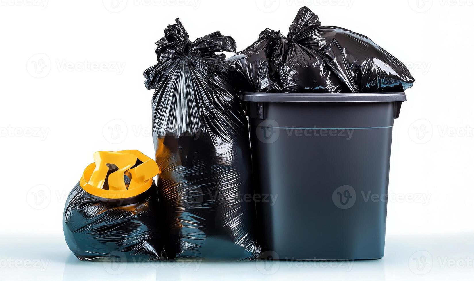 Garbage can with black garbage bags and yellow trash can photo