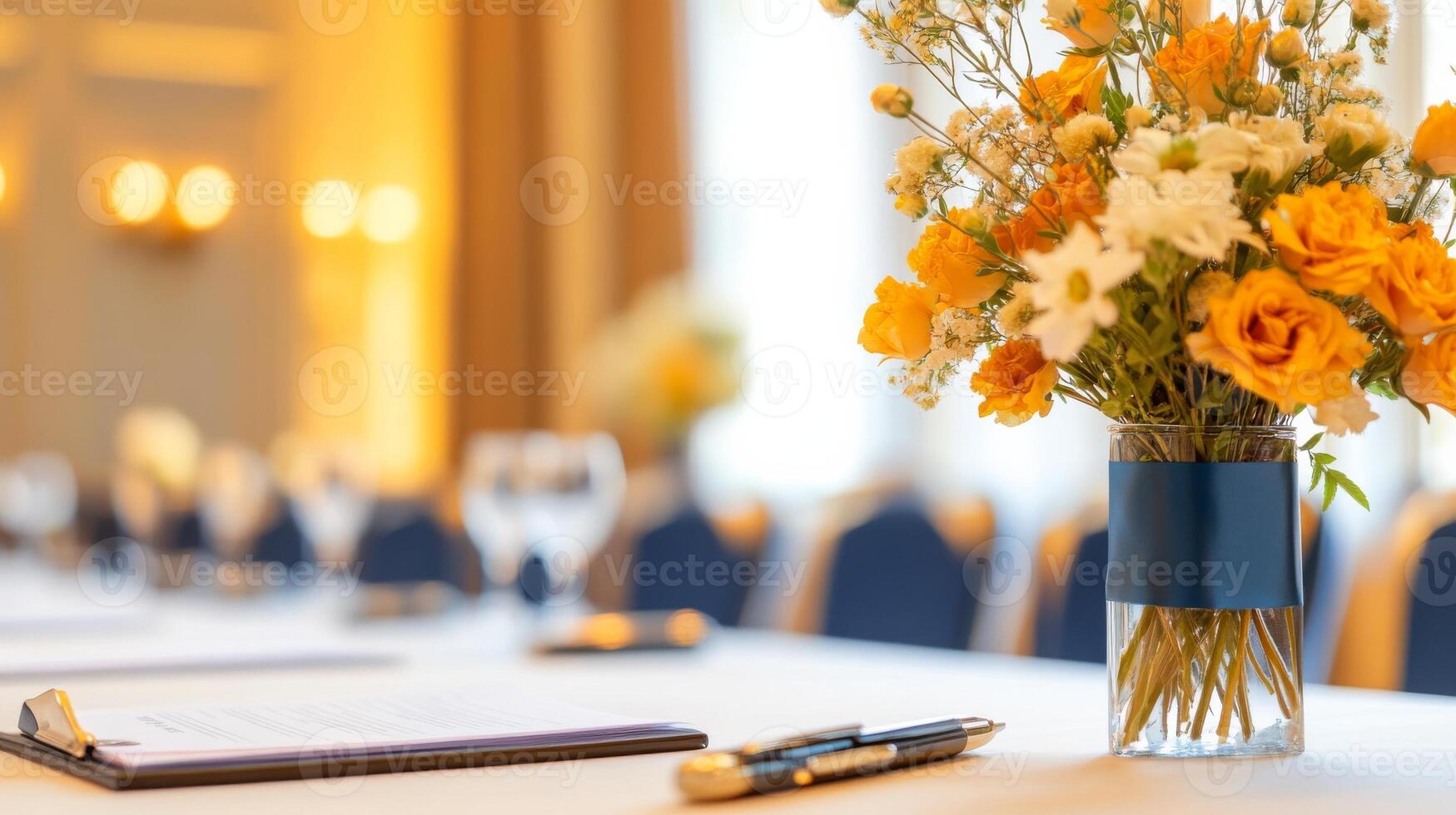 A vase with yellow and orange flowers on a table photo