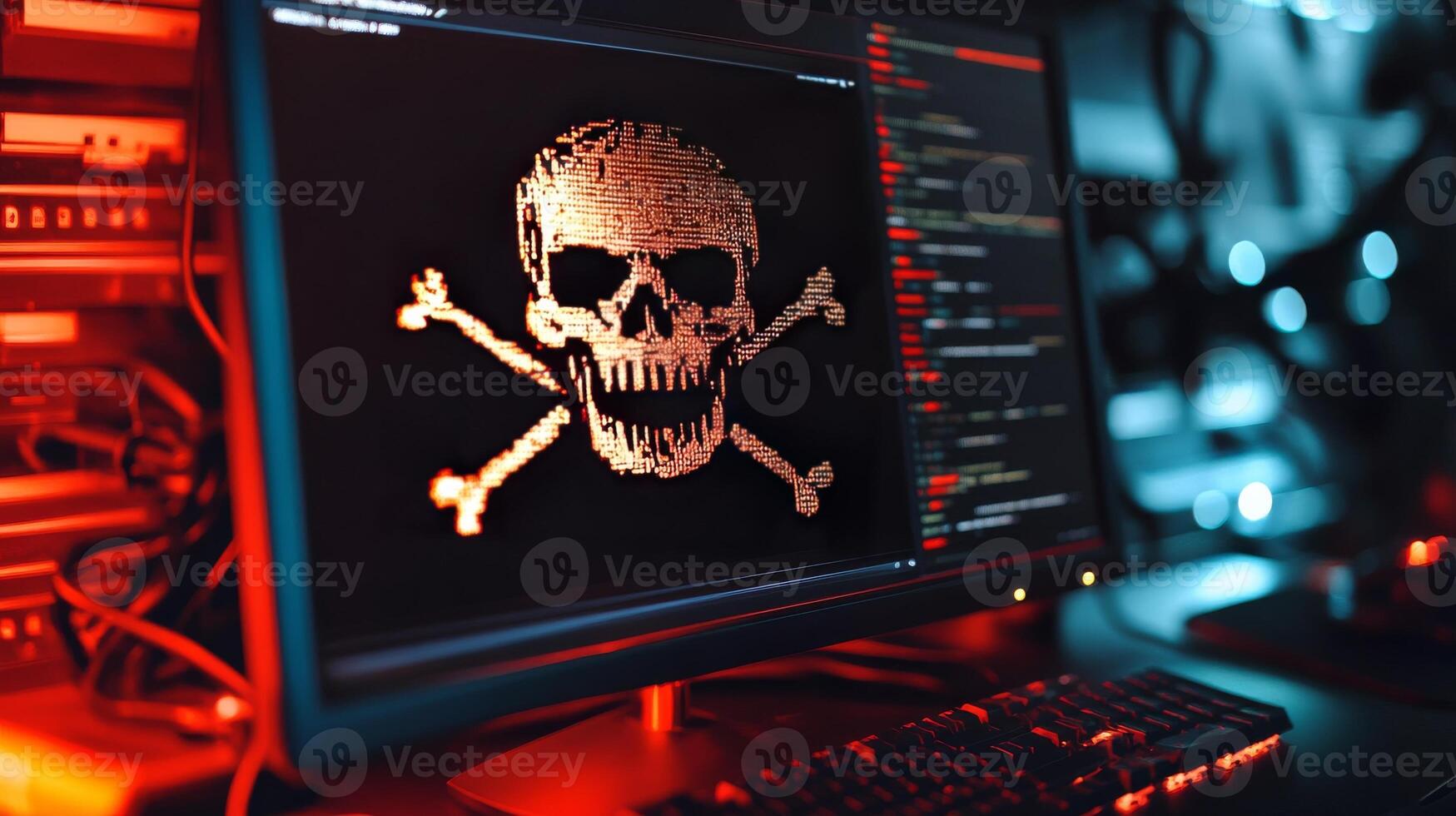 A computer screen with a skull and crossbones on it photo