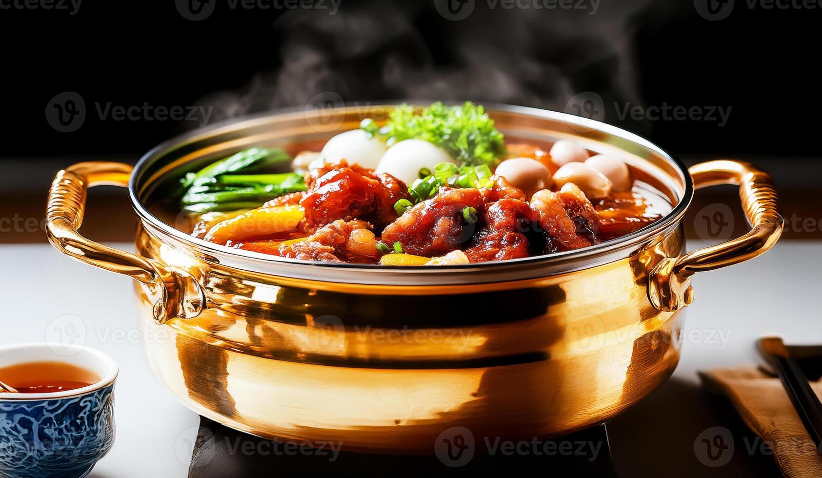 A pot of food with steam coming out of it photo