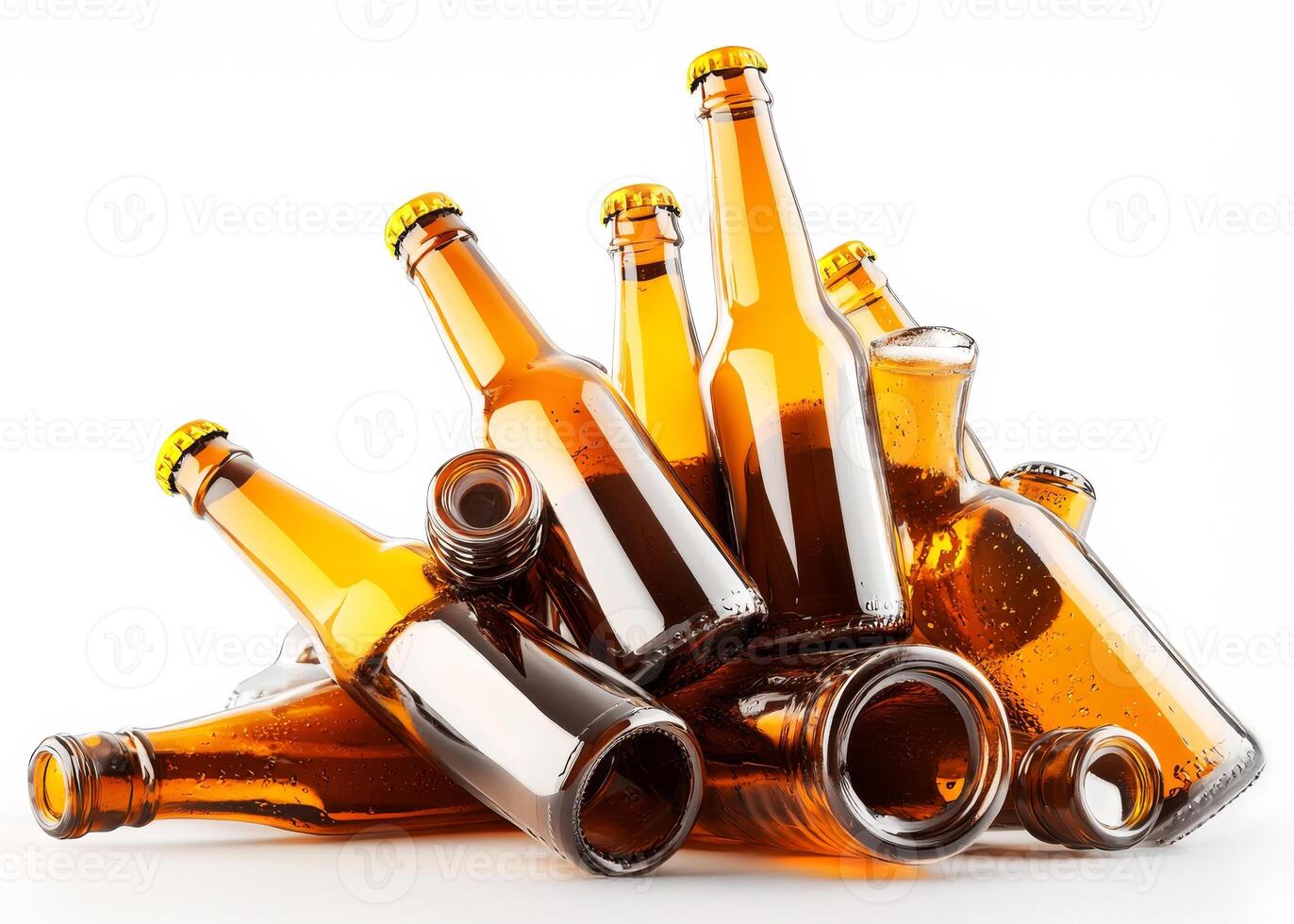 A pile of empty beer bottles on a white background photo