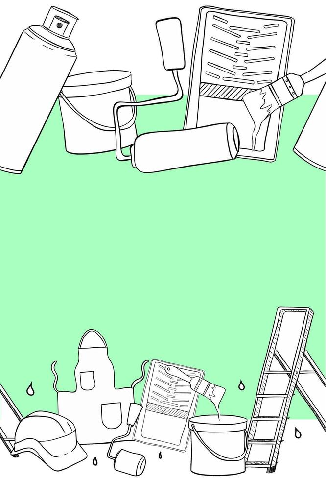 Painting tools seamless border frame. Brush, color can, roller, helmet, apron, paint tray graphic line illustration. isolated on white background vector