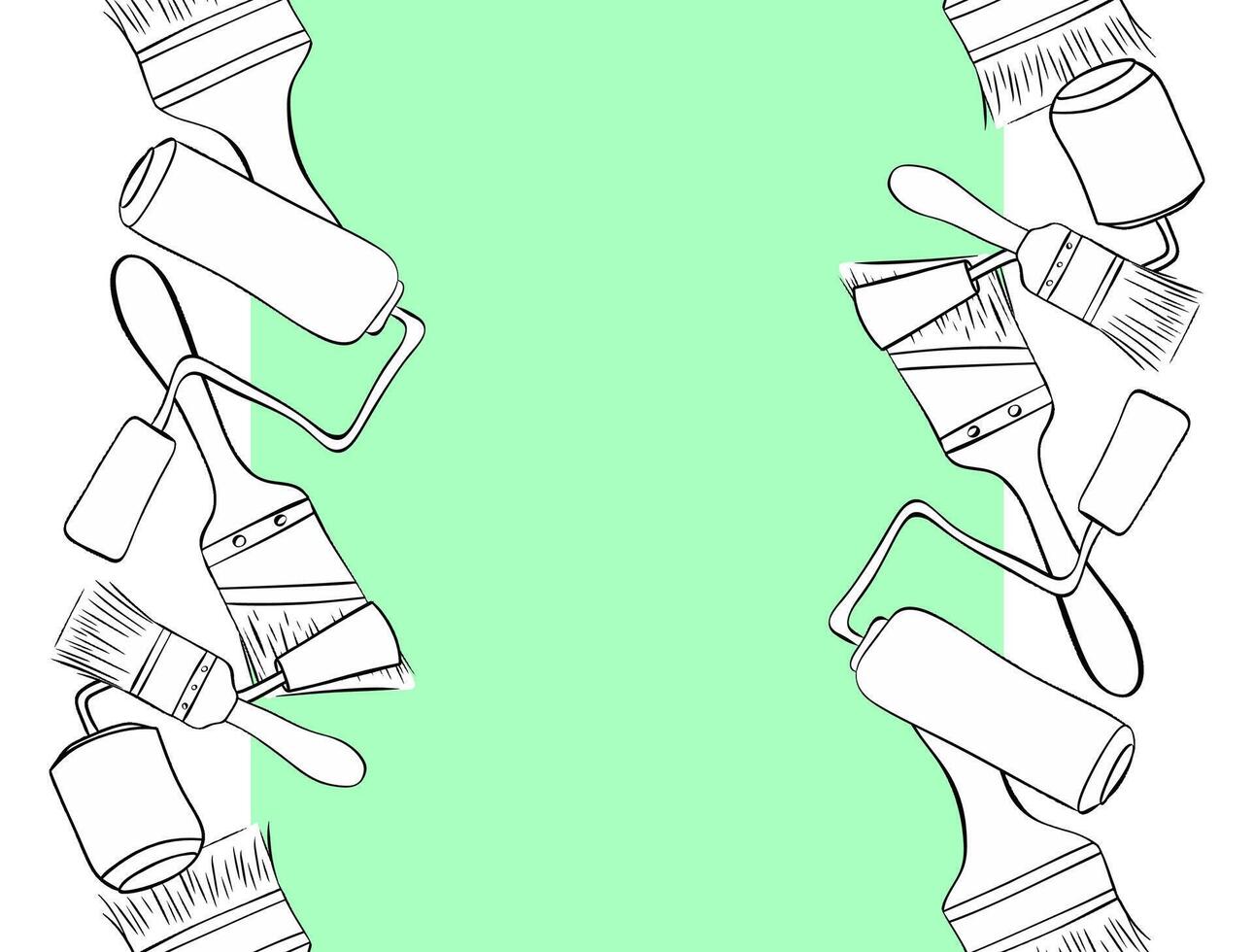Paint roller and brushes seamless border vertical frame. graphic line ink background . Creativity and renovation concept. roller brush and drawing illustration vector