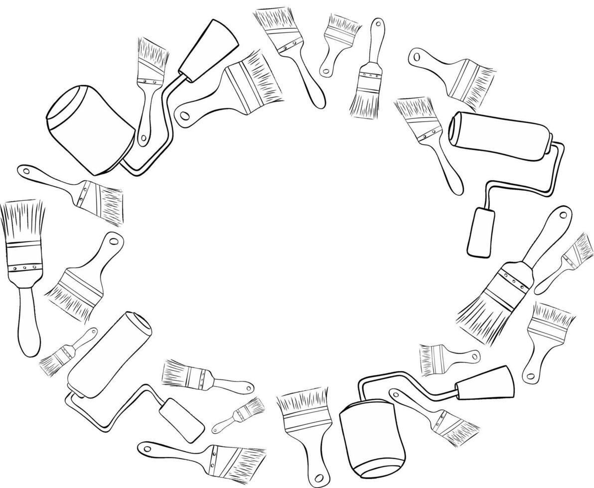 Painter tools oval Frame with graphic line ink Paint brushes and rollers. Black and white illustration with painting and drawing tools. vector