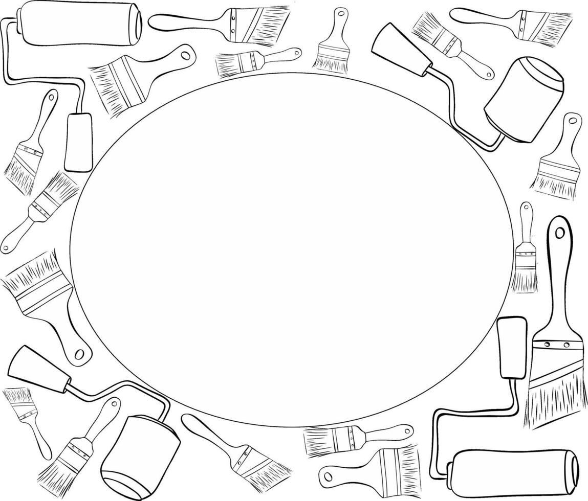Painter tools brushes and rollers oval frame. Graphic lin ink template Trendy modern illustration isolated on white, hand drawn vector