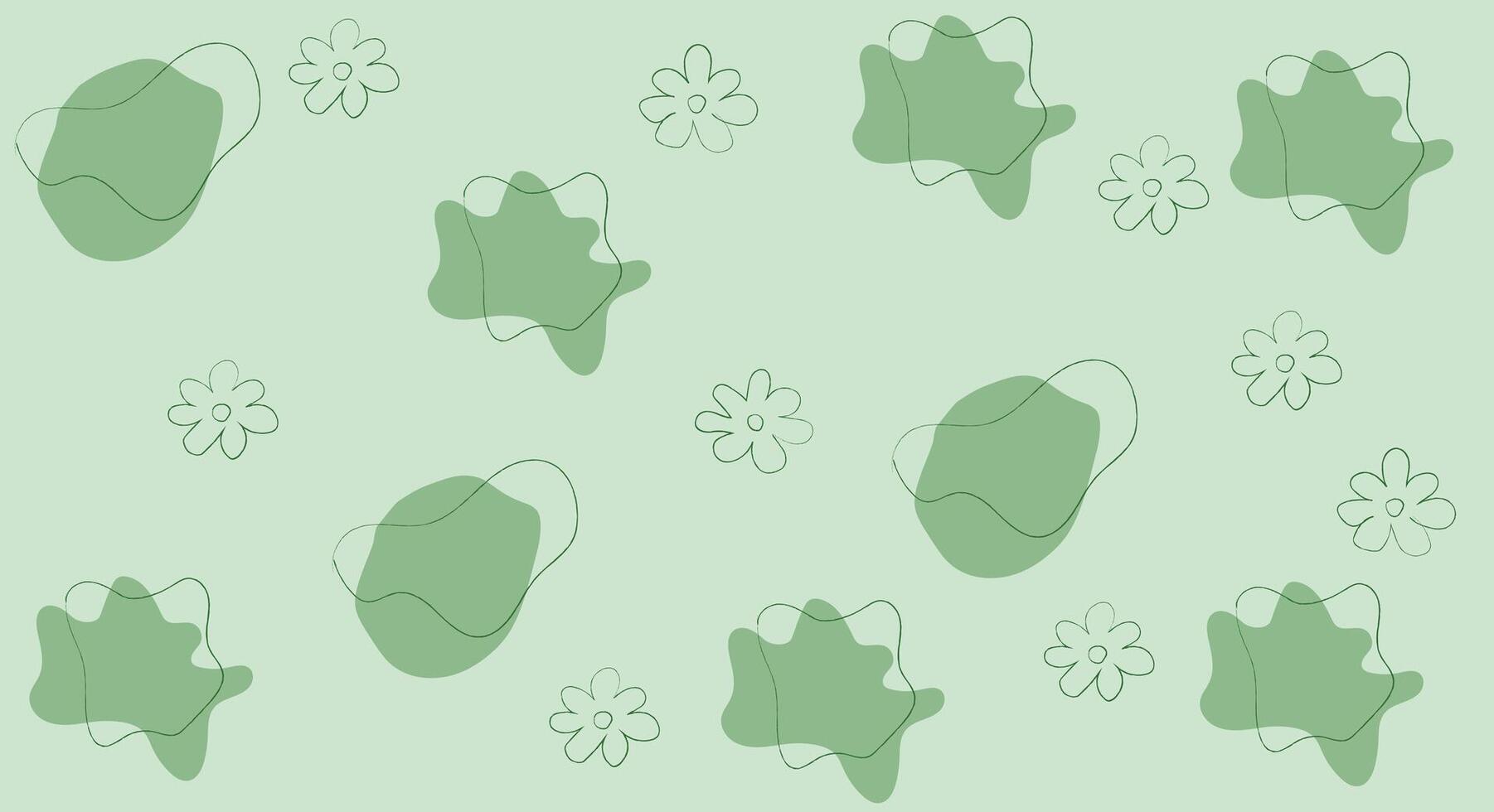 A minimalistic green abstract pattern featuring irregular shapes and simple line-drawn flowers. vector