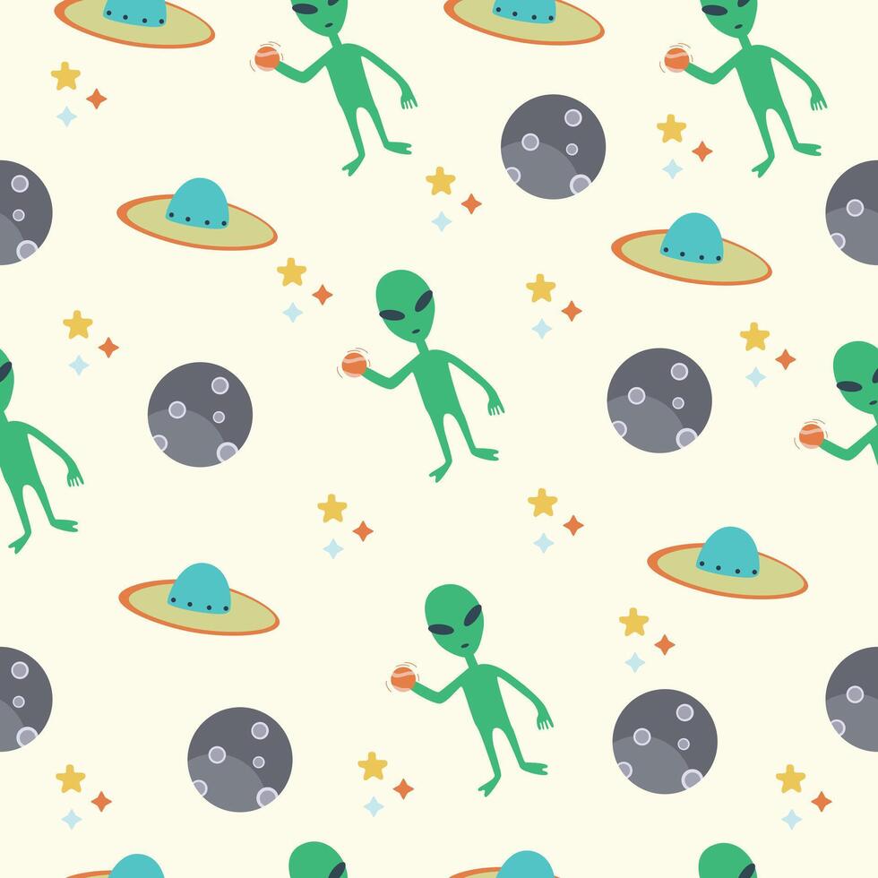 A fun and creative pattern featuring cartoon aliens, UFOs, planets, and stars on a light background vector