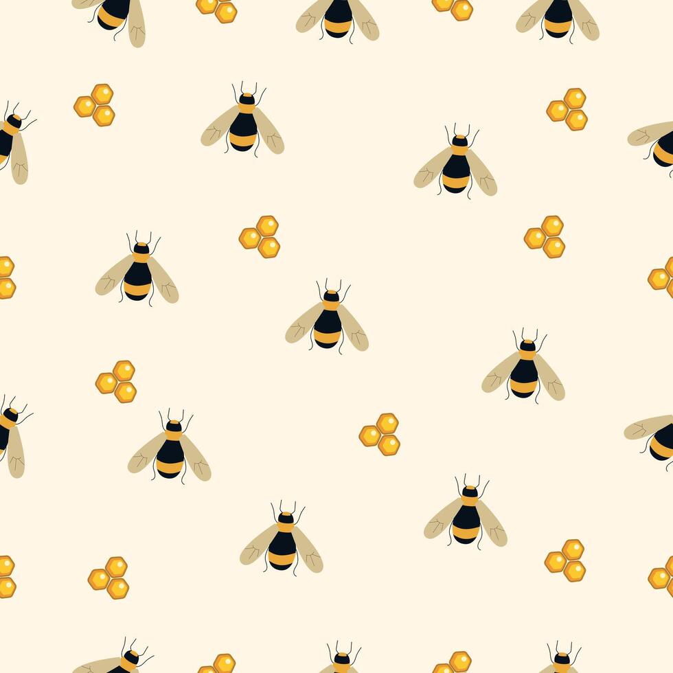 Seamless pattern with bee cartoons and white flower on yellow background . vector