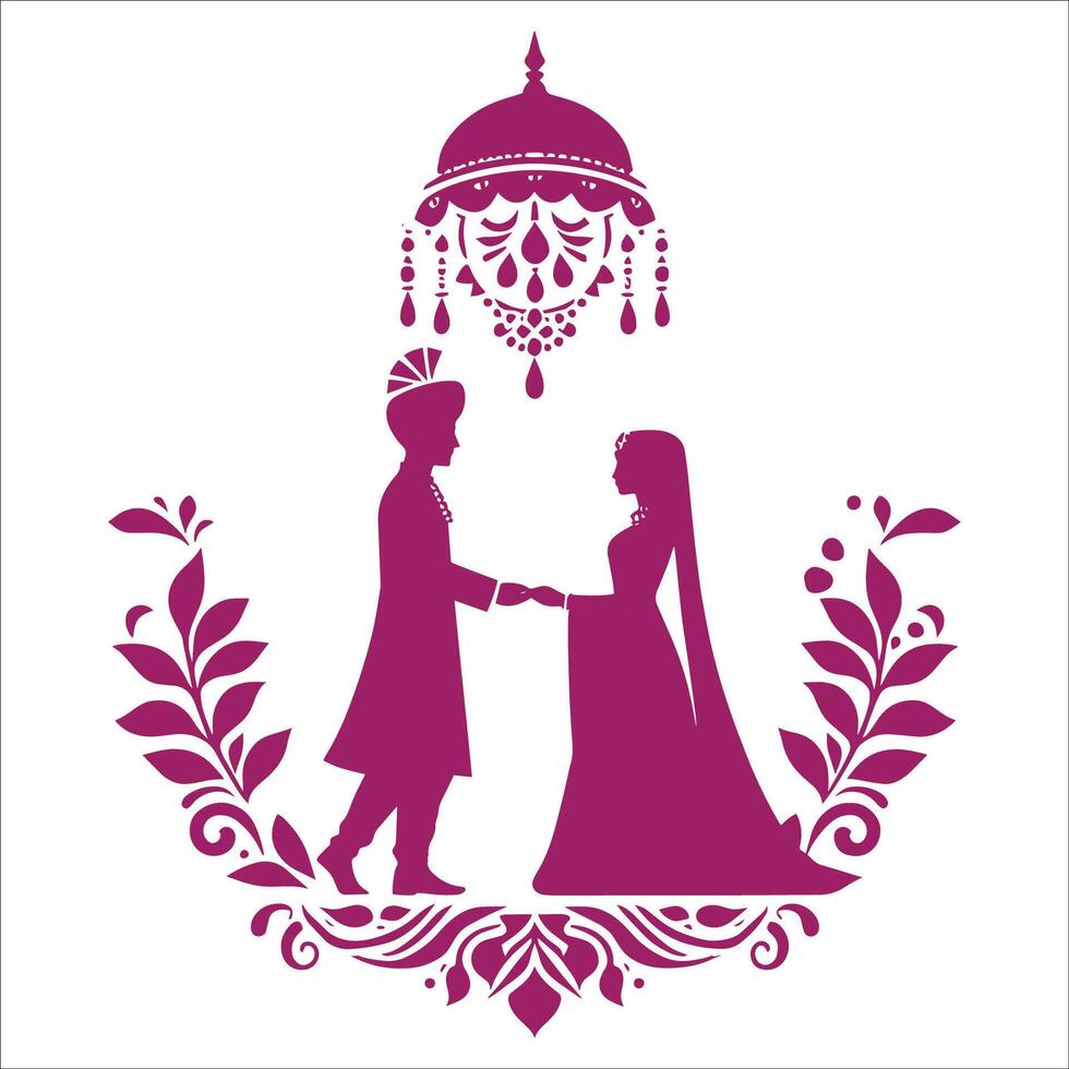 Indian Wedding Couple Silhouette Bride and Groom Holding Hands Traditional Marriage Ceremony Decorative Floral Design vector