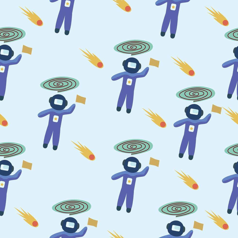 A seamless pattern of astronauts with flags, meteors, and cosmic elements, set on a bright background vector