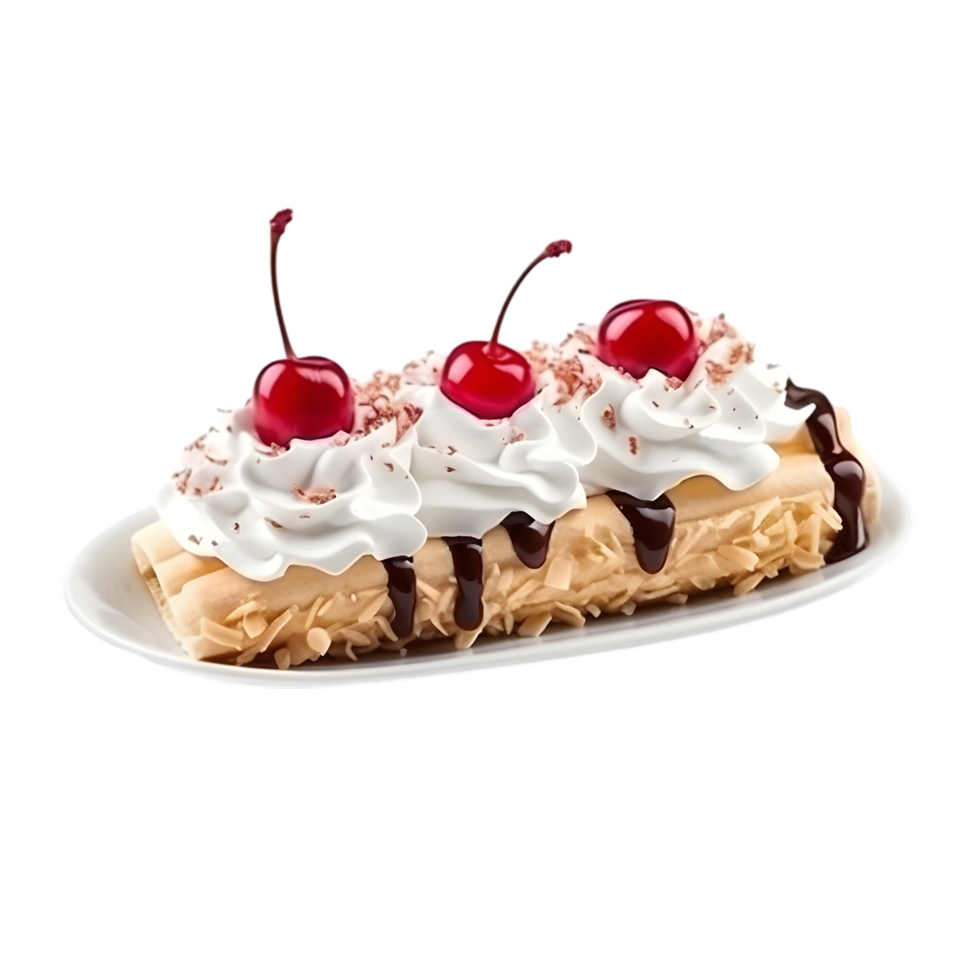 Delicious banana split dessert local ice cream shop food photography cozy environment close-up view indulgent treat png