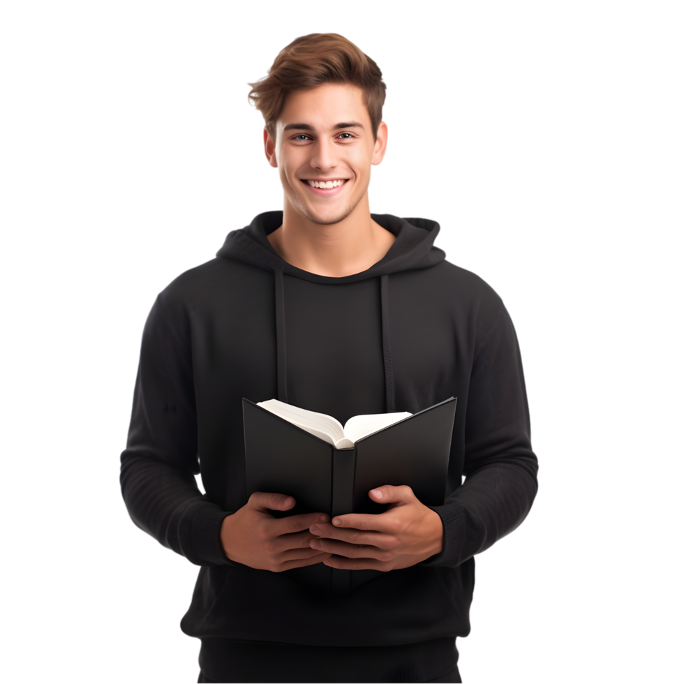 Young man in hoodie reading book urban setting portrait photography cheerful environment close-up view joy of reading png