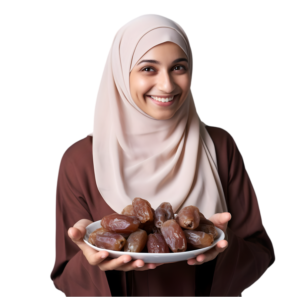A woman wearing a hijab breaking her fast with dates home food photography warm setting close-up ramadan ritual png