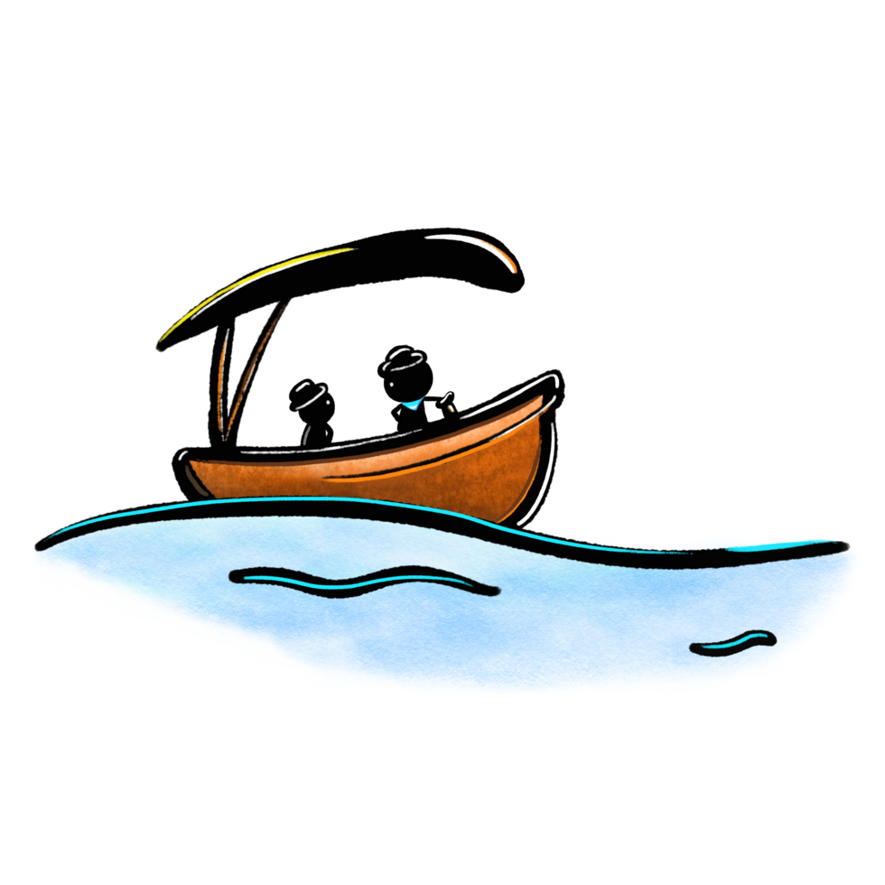 Cartoon wooden boat in the sea, boat silhouette with textured color illustration, black outline png