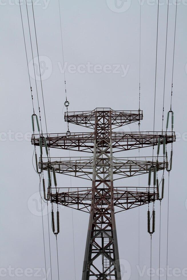 Top Of Steel Pylon Of Power Line With Wires Bottom View photo