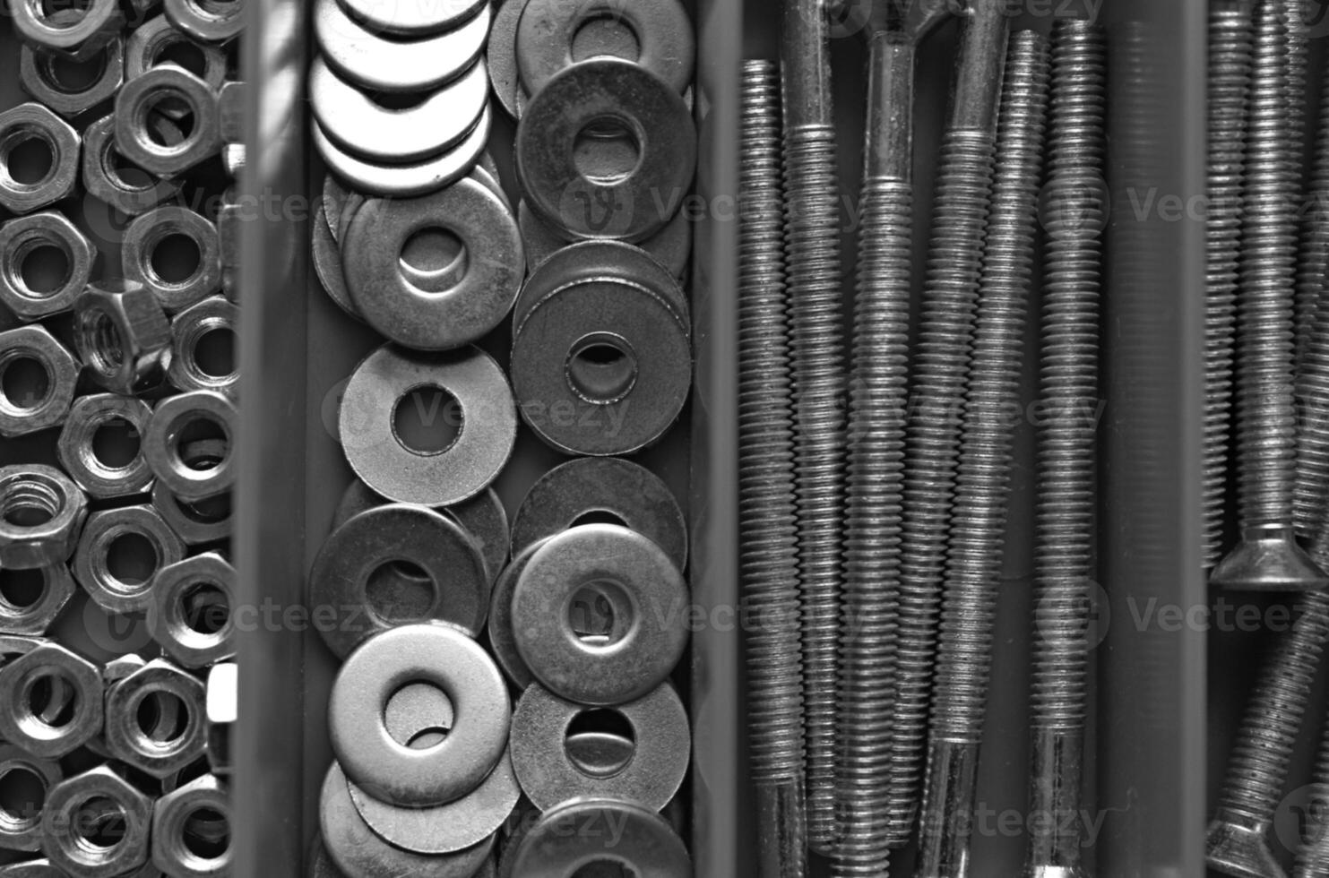 Dark Set Box For Arranging Hex Nuts, Screw Bolts And Iron Washers Stock Photo For Mechanical Backgrounds