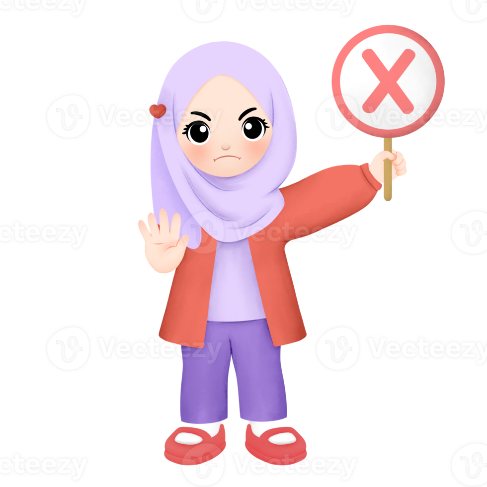 hijab girl with red and purple outfit carrying cross sign with stop or no hand gesture watercolor illustration png