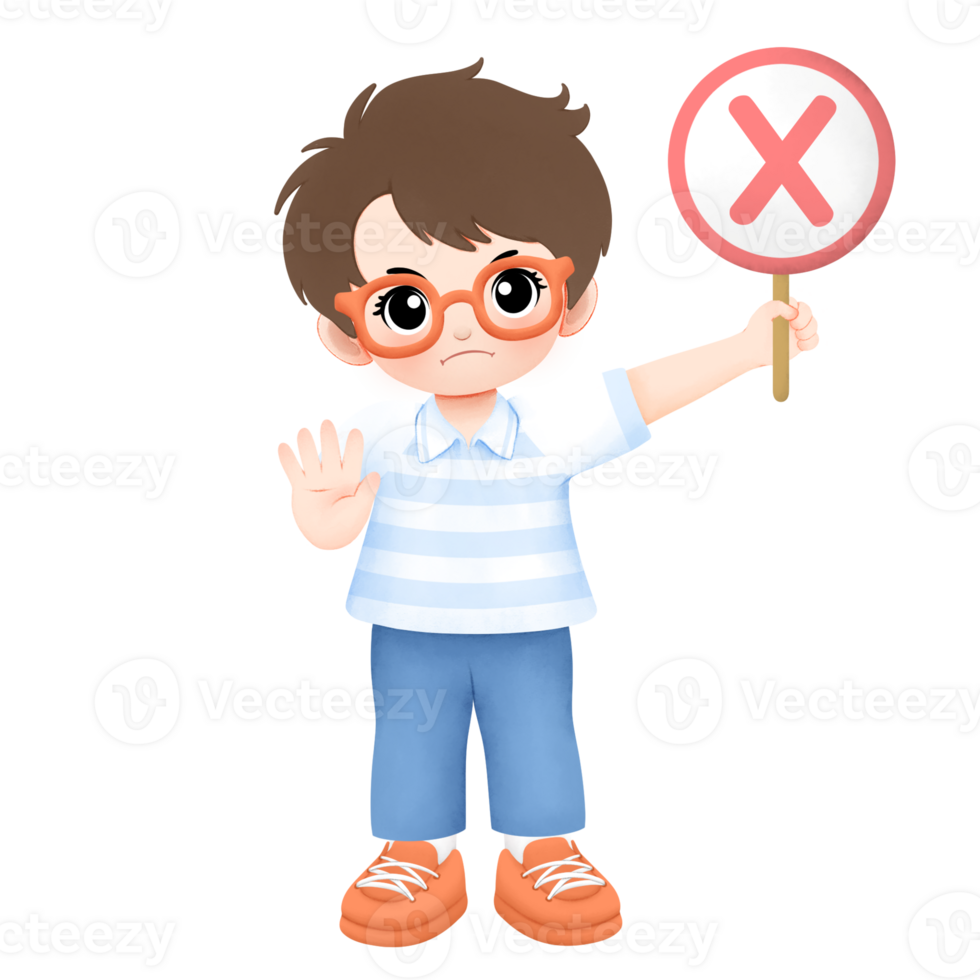 Kid with orange glasses carrying cross sign with stop or no hand gesture watercolor illustration png